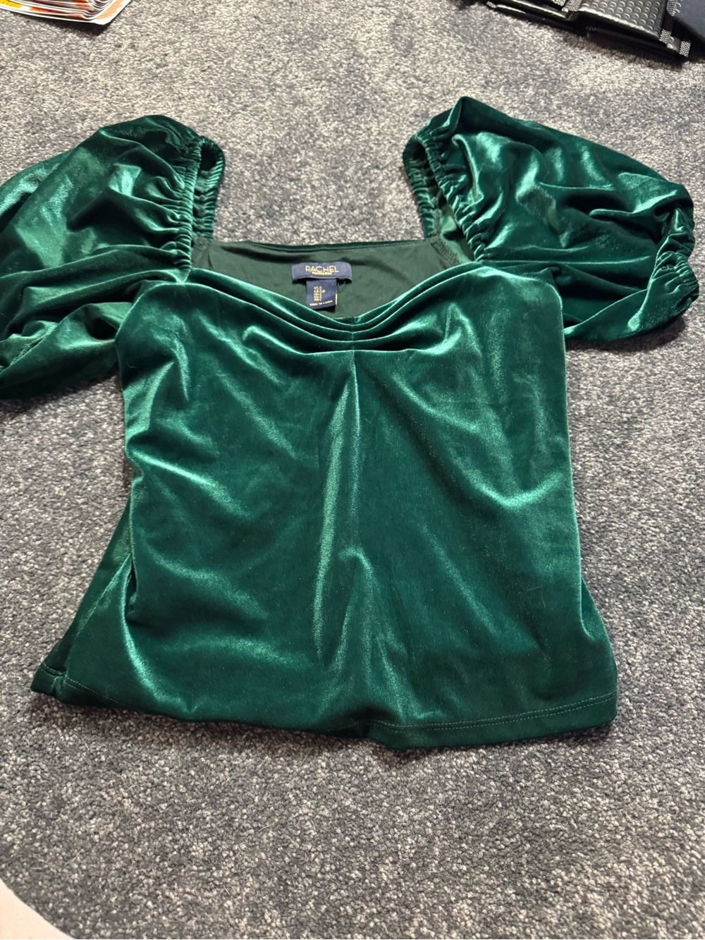 Rachel Emerald Velvet Puff-Sleeve Crop Top